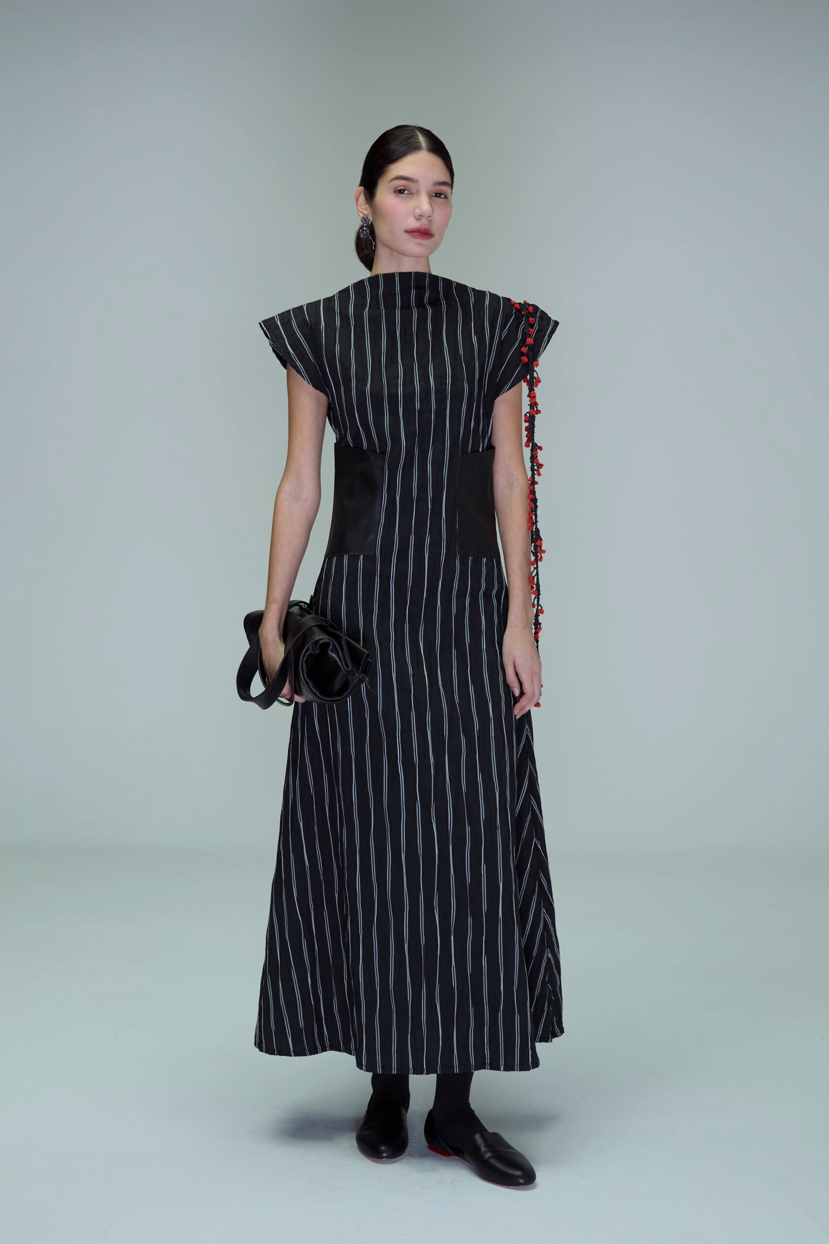 Boat neck dress with leather patch pockets and crochet trim KR Collection Boat neck dress with leather patch pockets and crochet trim KR Collection