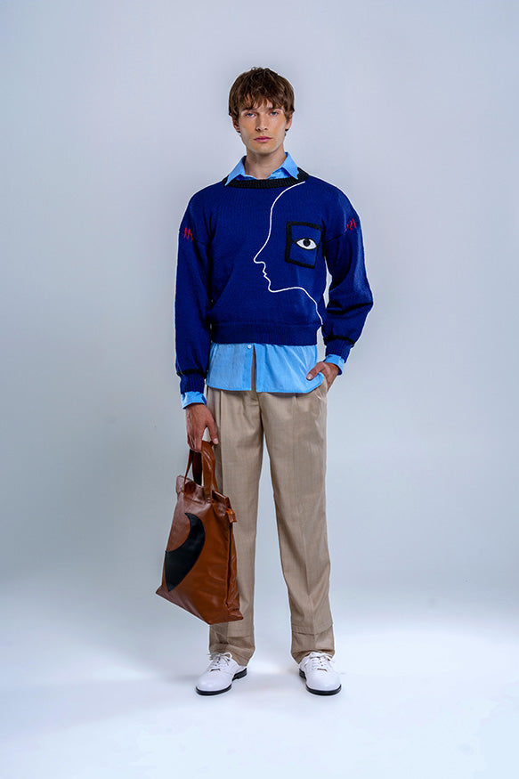 Hand-knitted face side profile sweater