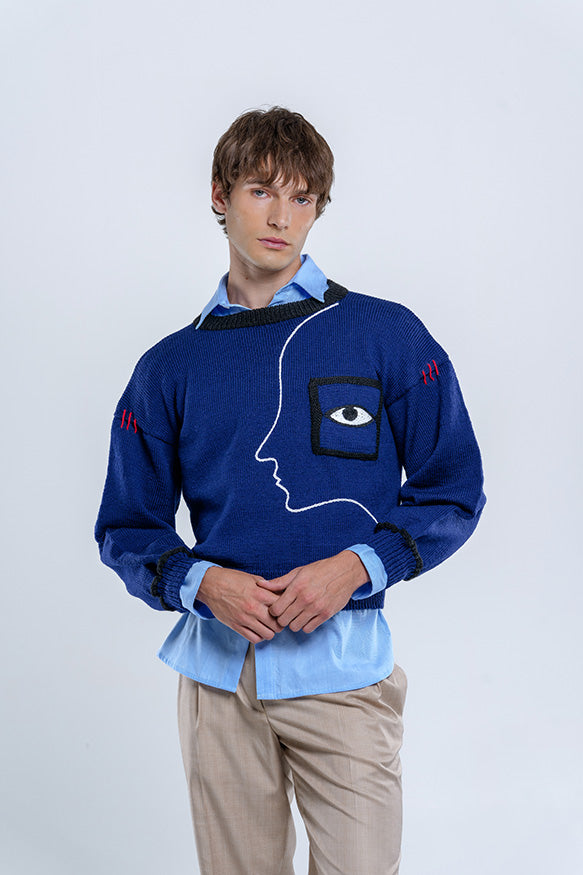 Hand-knitted face side profile sweater
