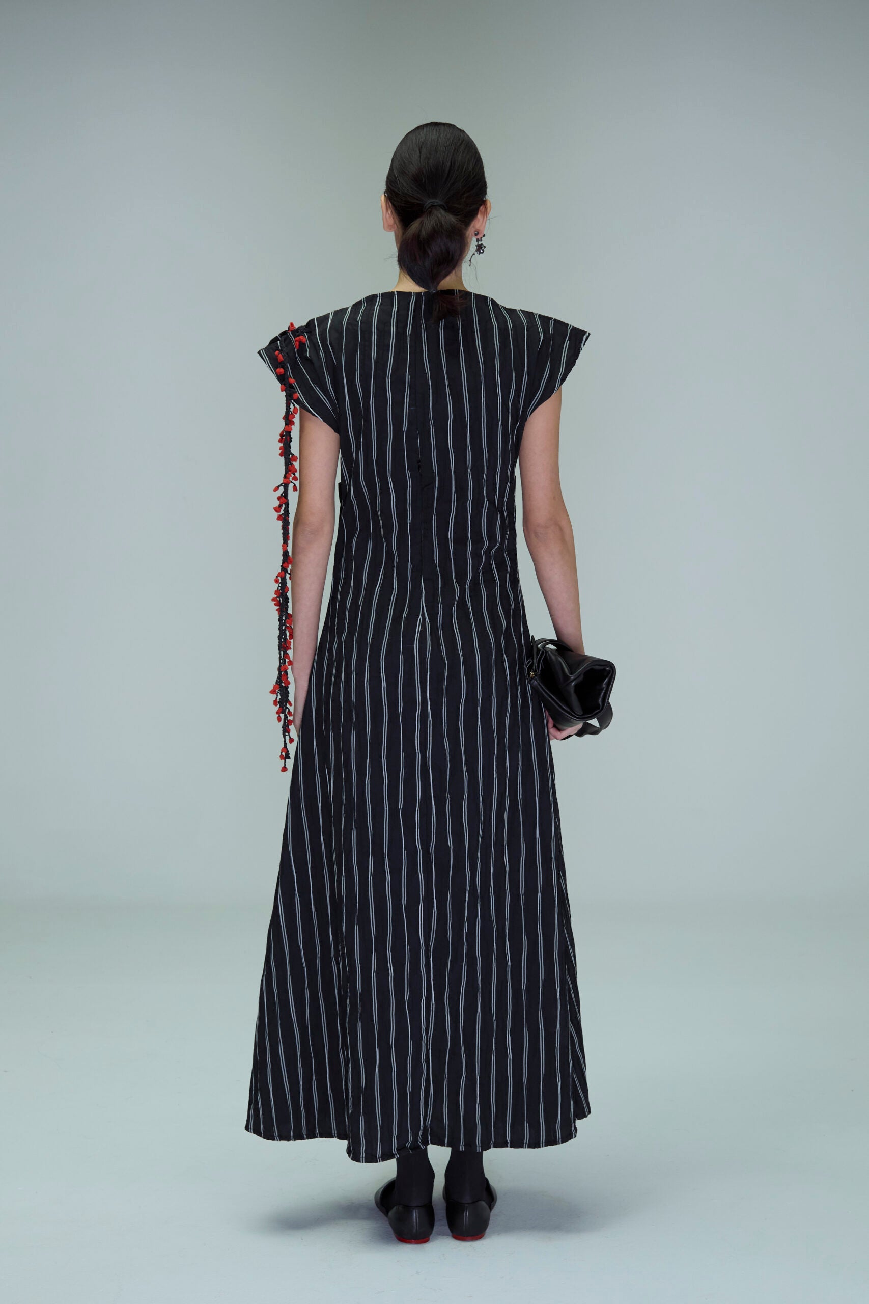 Boat neck dress with leather patch pockets and crochet trim Boat neck dress with leather patch pockets and crochet trim