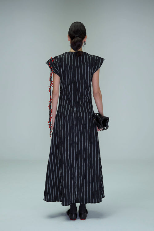 Boat neck dress with leather patch pockets and crochet trim image 1