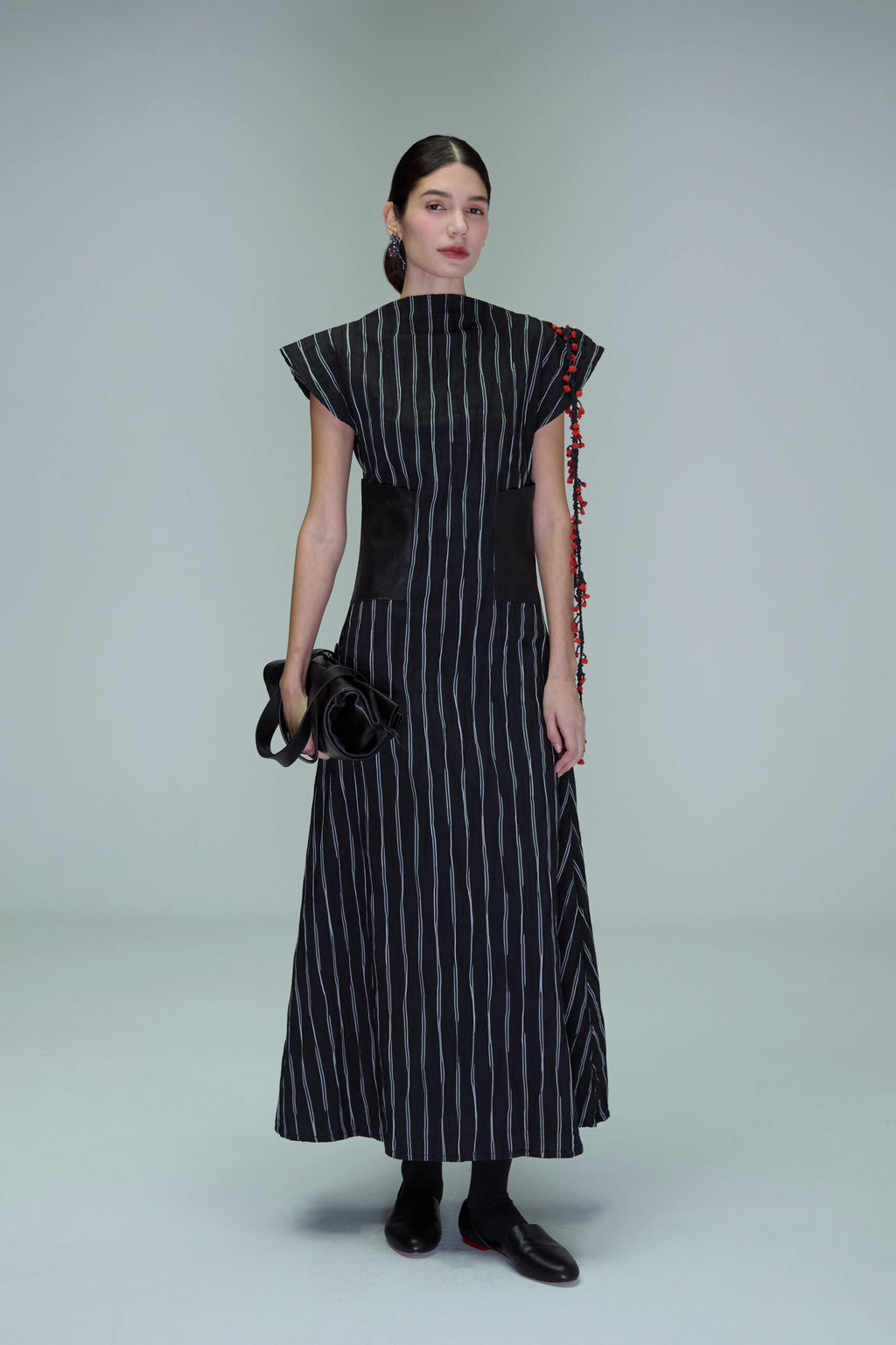 Boat neck dress with leather patch pockets and crochet trim image 0