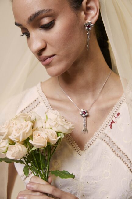 Silver earrings with red stones