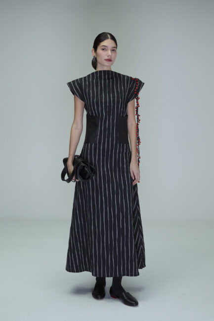 Boat neck dress with leather patches